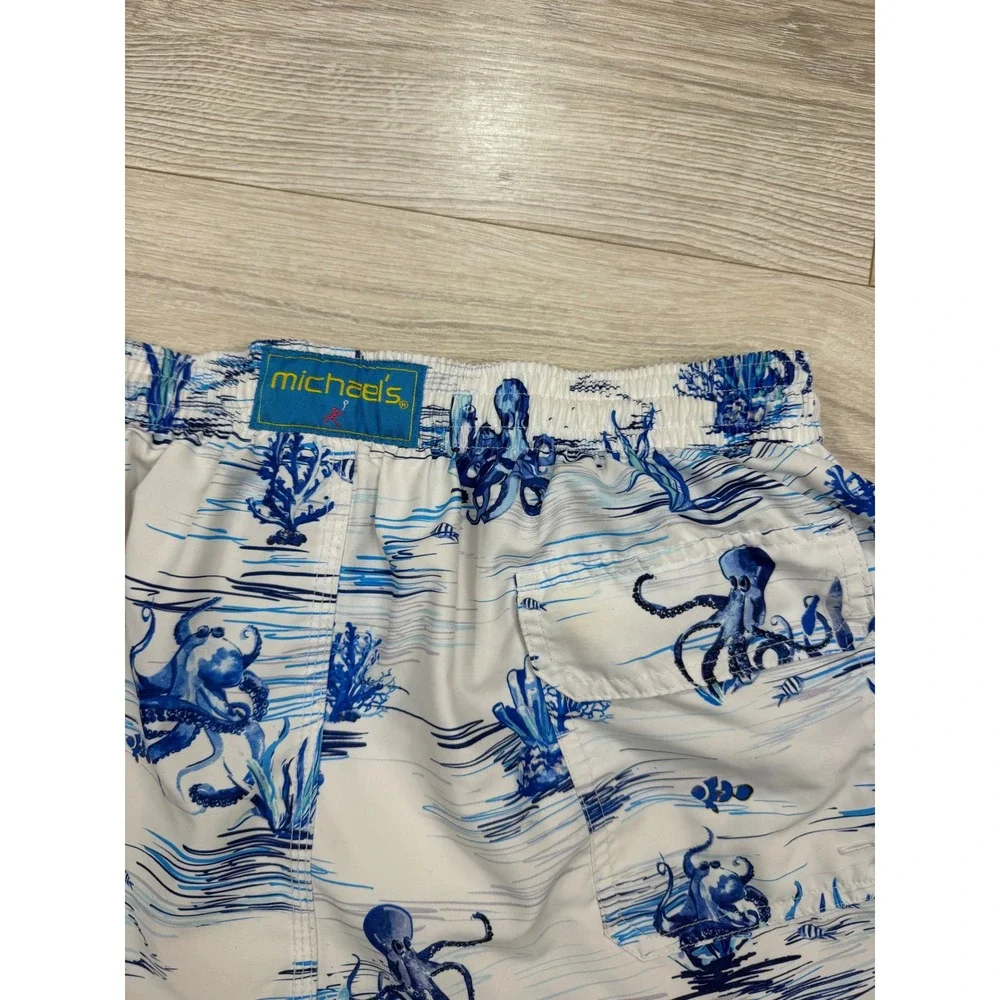 Michaels Mens XL Swim Trunks‎ Blue White Octopus Print Mesh Lined Beach Shorts